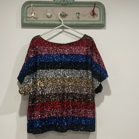 Gap Color Block Sequin Top Fully Lined Short Sleeve Boxy Look Wide L/XL shirt - Picture 8 of 8